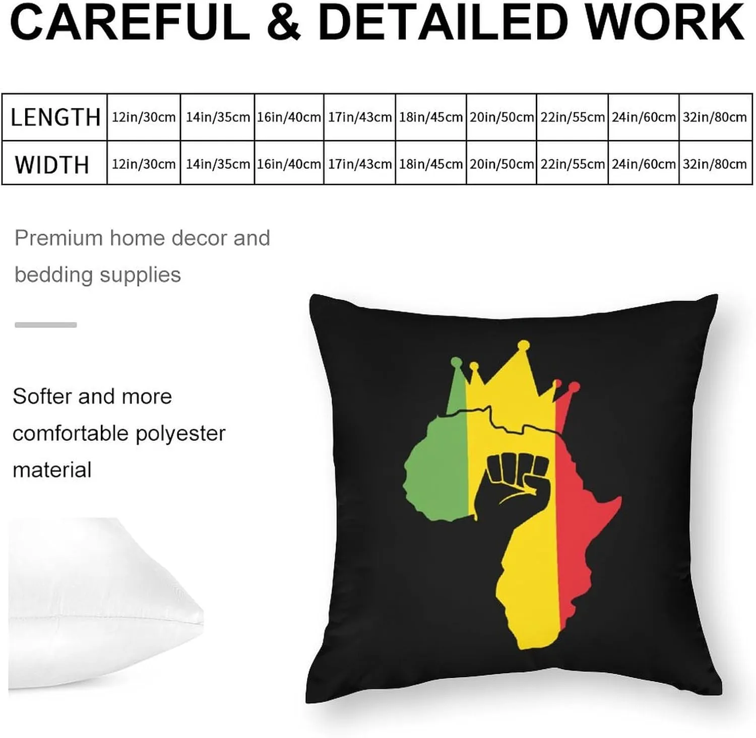 Black Power Fist on Africa Map Polyester Pillow Cases Soft Pillow Covers Smooth Cushion Covers for Sofa Bed 1 Piece 12"x12"