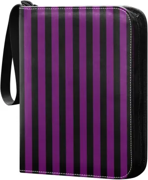 Black Purple Stripes Card Binder 4 Pocket Trading Card Album Fits 400 Sports/Game Cards, PU Cover 3 Ring Card Collection with 50 Removable Sleeves