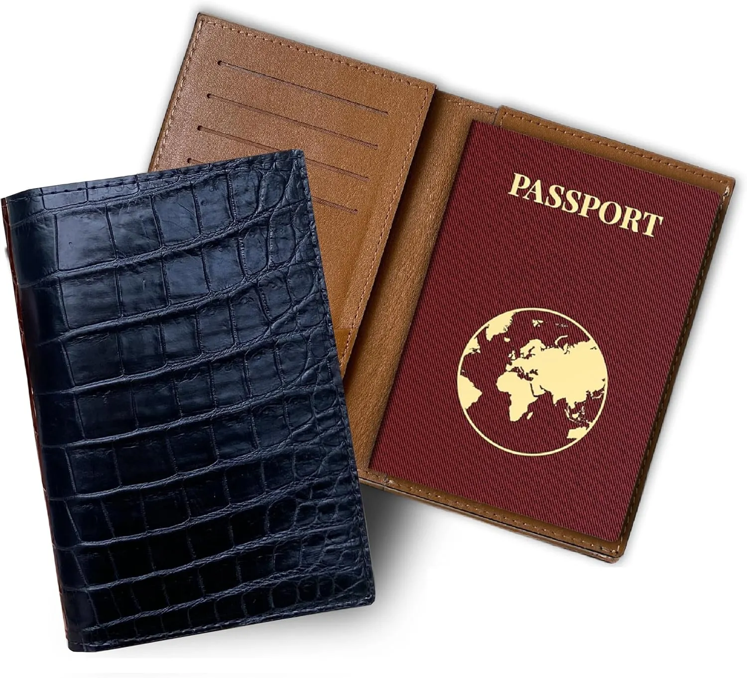 Black Slim Alligator Belly Leather Passport Holder Cover Crocodile Belly Travel Bifold Wallet ID Card Case Premium RFID Blocking Handmade Gift For Men PASS-01