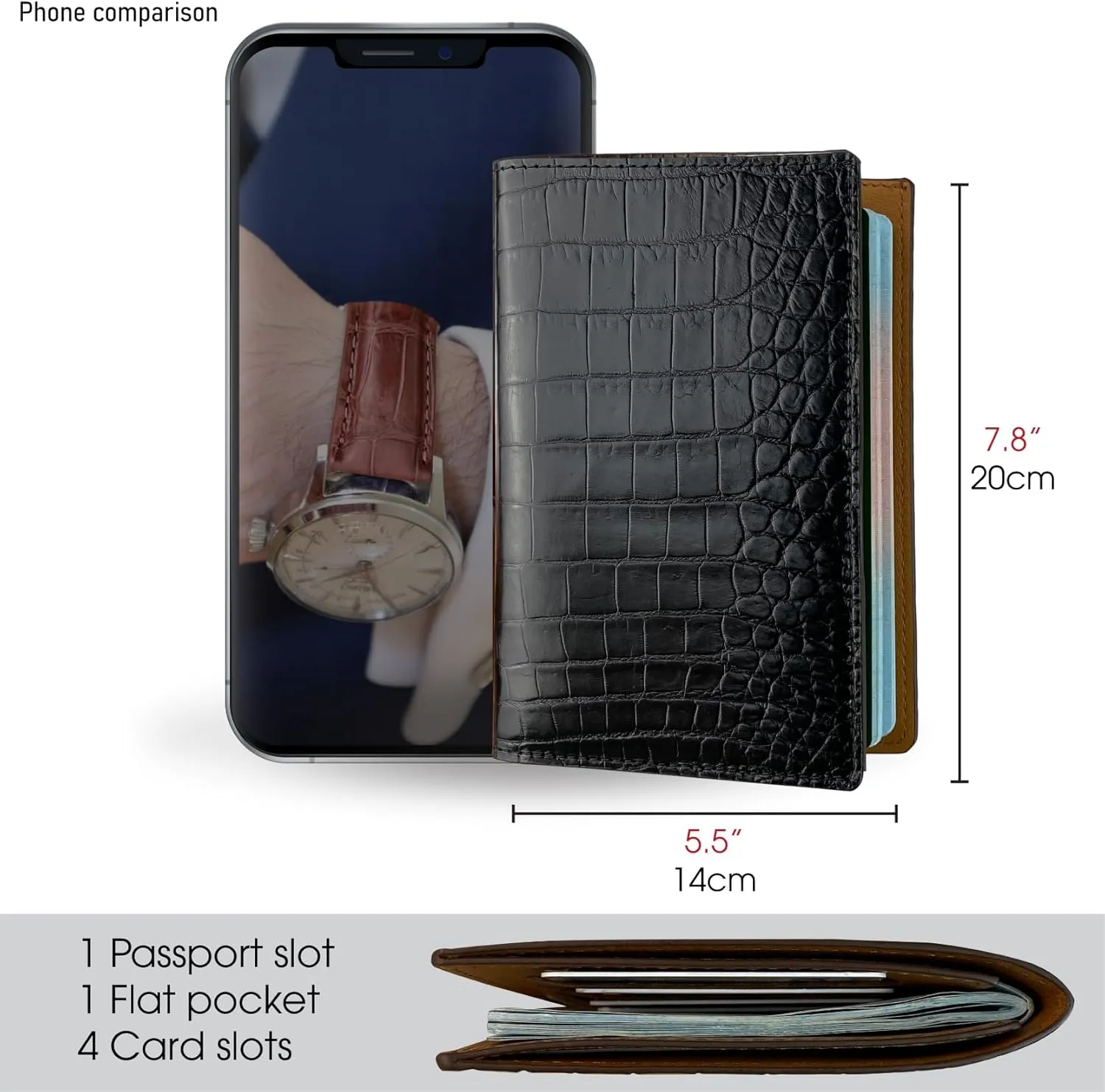 Black Slim Alligator Belly Leather Passport Holder Cover Crocodile Belly Travel Bifold Wallet ID Card Case Premium RFID Blocking Handmade Gift For Men PASS-01