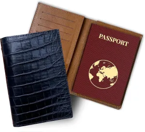 Black Slim Alligator Belly Leather Passport Holder Cover Crocodile Belly Travel Bifold Wallet ID Card Case Premium RFID Blocking Handmade Gift For Men PASS-01