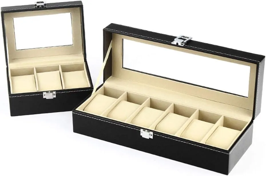 Black Storage Box Watch Display Box Mechanical Watch Jewelry Box with Removable Pillow with Glass Skylight Display Box (3 Cells/6 Cells)