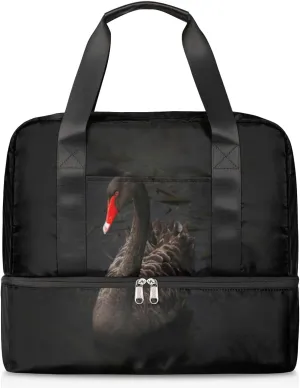 Black Swan Waterfowl Lake Travel Bag Double Tier Zip Closure Weekender Bag with Leather Handle Waterproof Sports Tote Gym Bag for Swim Beach Gym Yoga
