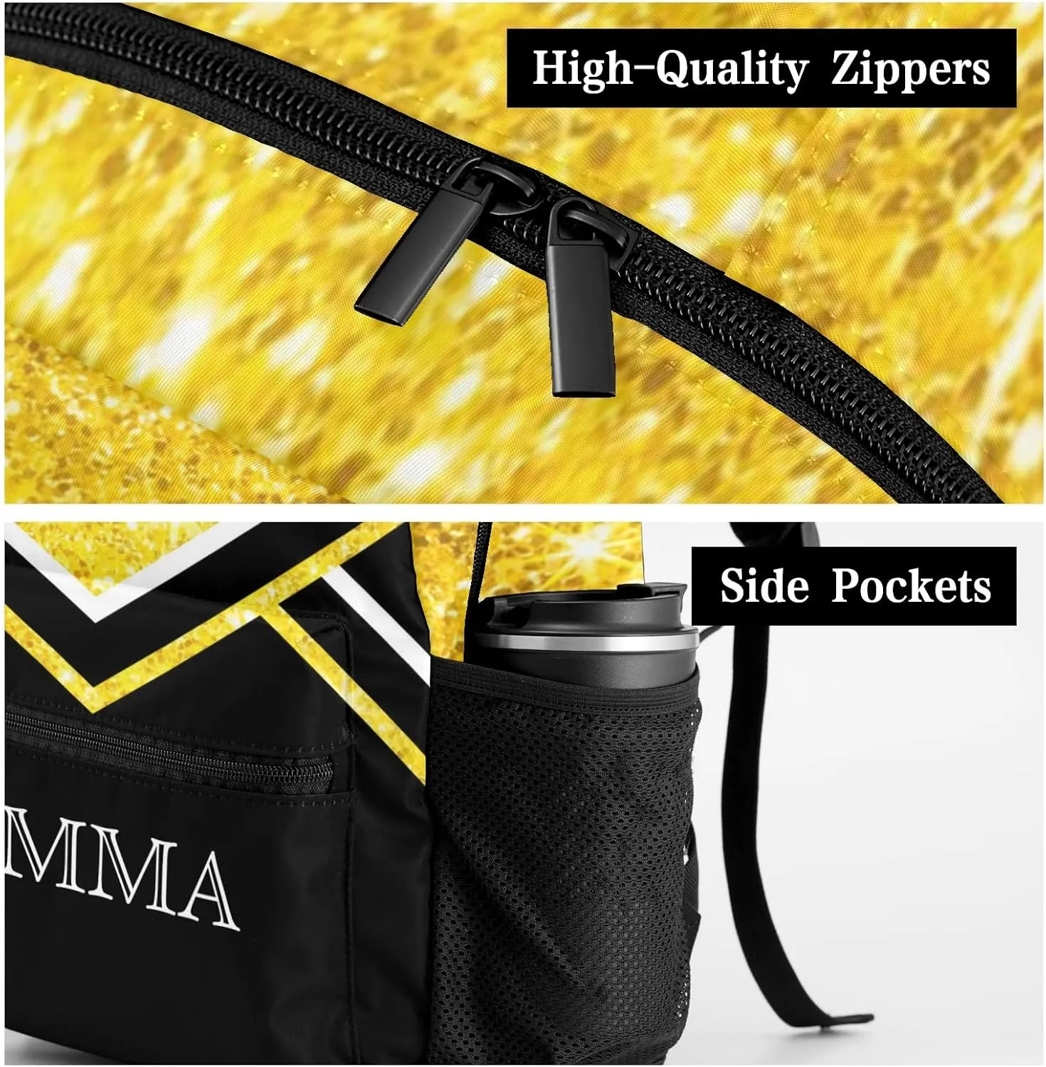 Bling Yellow Waterproof Cheer Cheerleaders Backpack Bookbag with Name for Birthday Holiday Gift