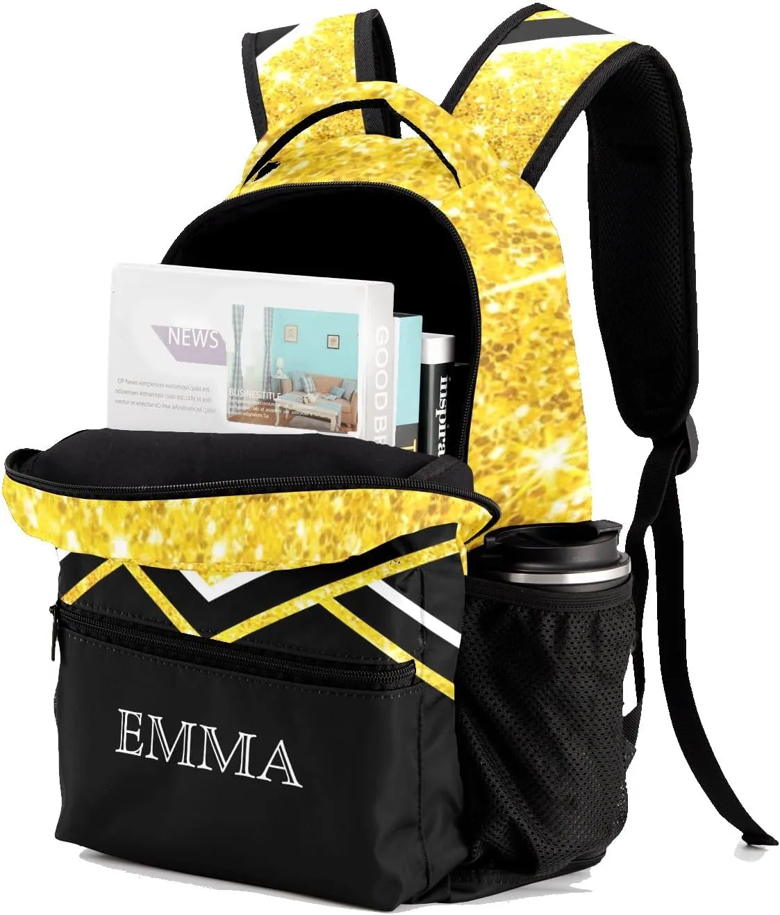 Bling Yellow Waterproof Cheer Cheerleaders Backpack Bookbag with Name for Birthday Holiday Gift