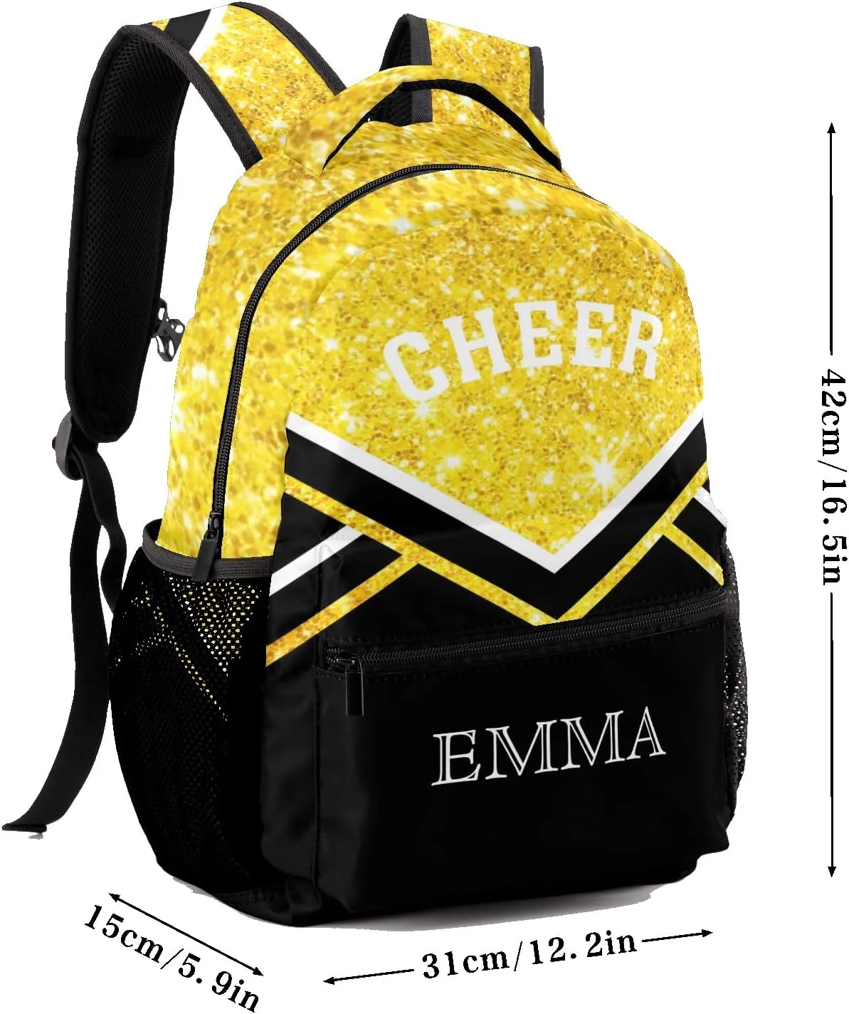 Bling Yellow Waterproof Cheer Cheerleaders Backpack Bookbag with Name for Birthday Holiday Gift