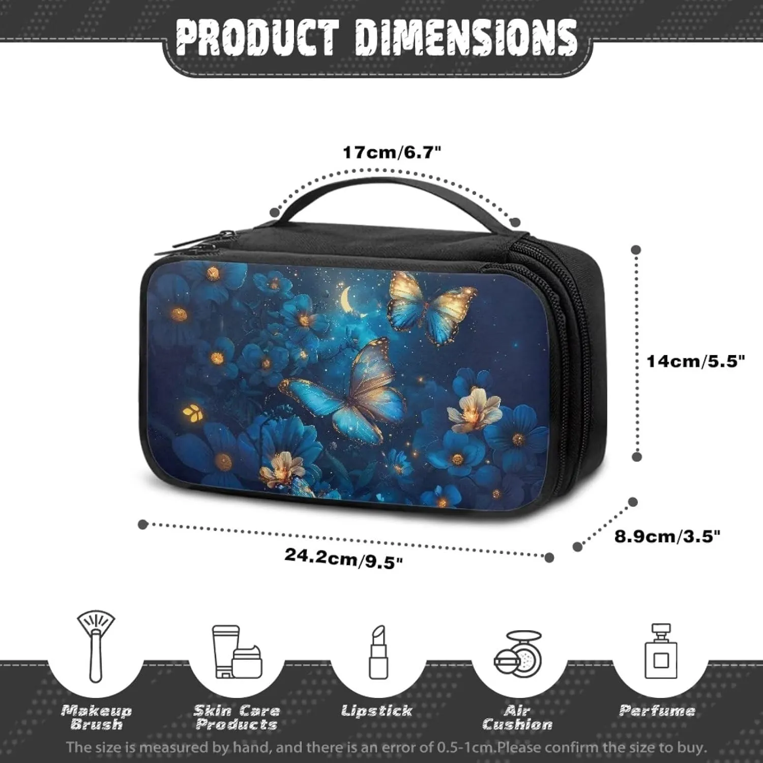 Blue Butterfly Makeup Bag Small Cosmetic Bag for Purse Makeup Bag with Brush Compartment Lightweight Cosmetic Train Case As A Toiletry Bag,An At-Home Large Makeup Organizer Bag