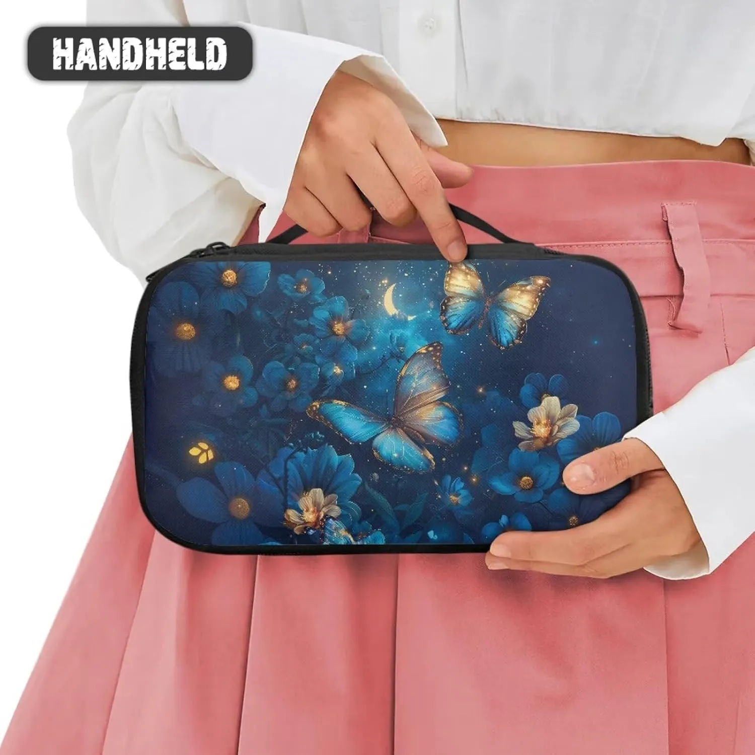 Blue Butterfly Makeup Bag Small Cosmetic Bag for Purse Makeup Bag with Brush Compartment Lightweight Cosmetic Train Case As A Toiletry Bag,An At-Home Large Makeup Organizer Bag