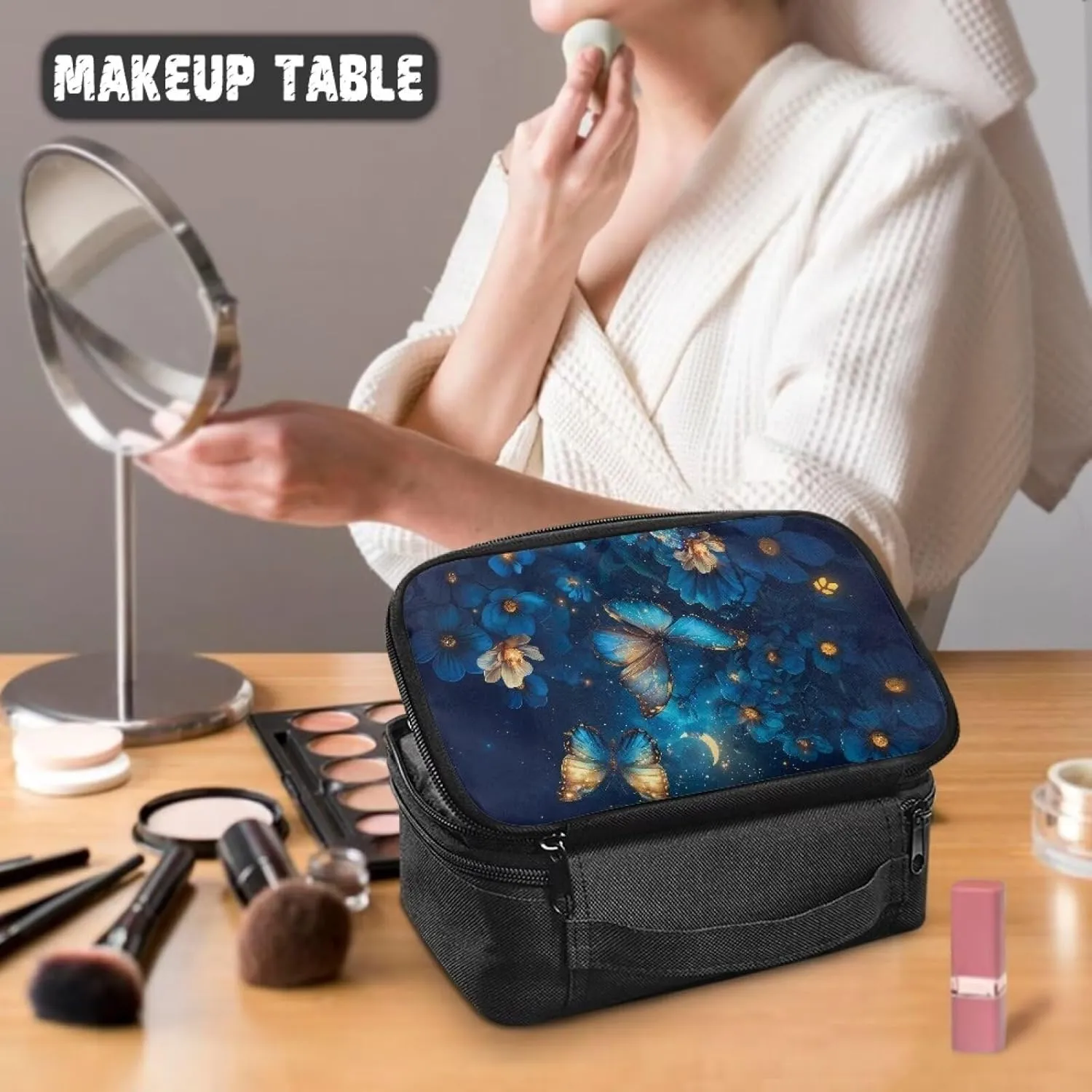 Blue Butterfly Makeup Bag Small Cosmetic Bag for Purse Makeup Bag with Brush Compartment Lightweight Cosmetic Train Case As A Toiletry Bag,An At-Home Large Makeup Organizer Bag
