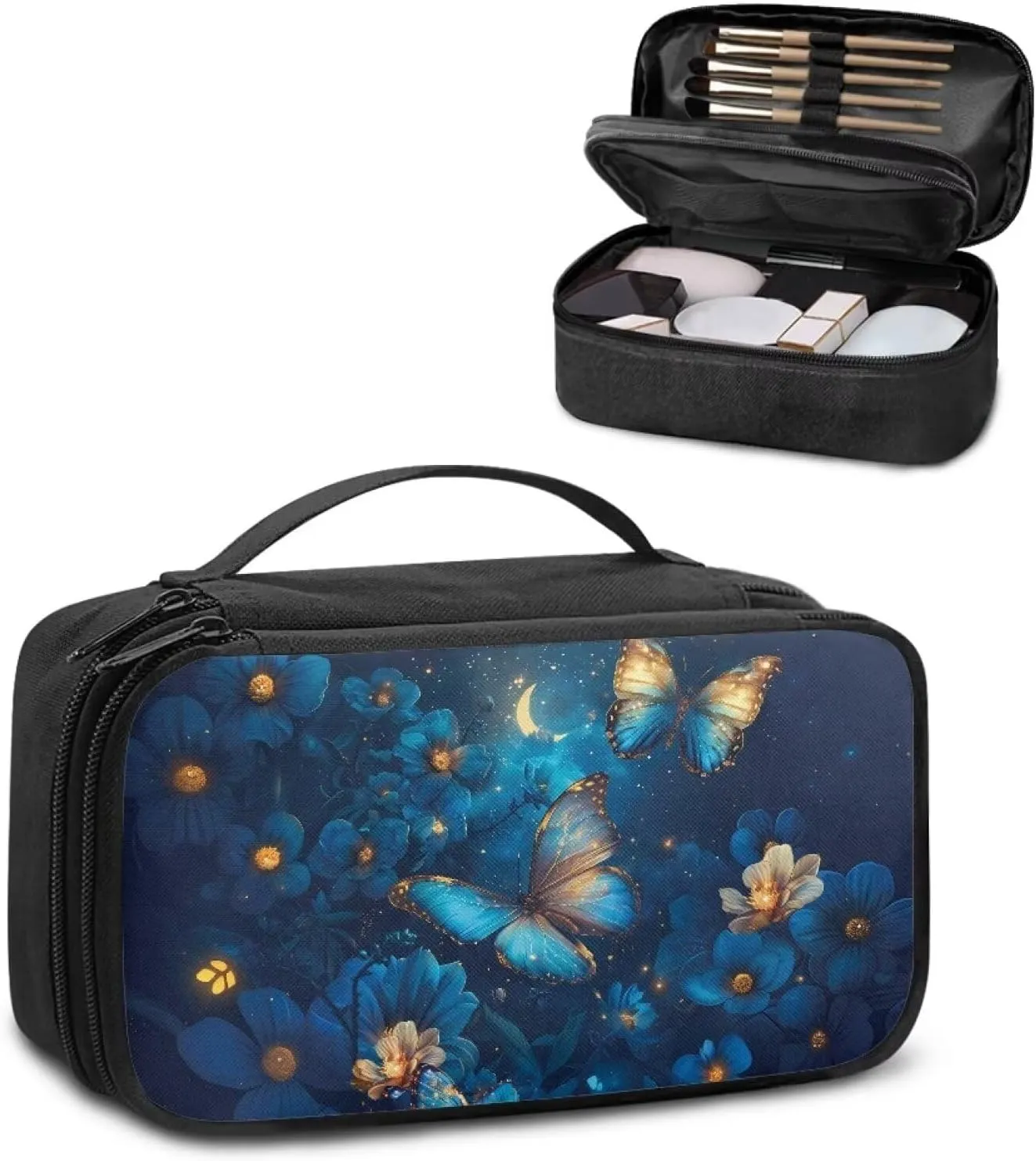 Blue Butterfly Makeup Bag Small Cosmetic Bag for Purse Makeup Bag with Brush Compartment Lightweight Cosmetic Train Case As A Toiletry Bag,An At-Home Large Makeup Organizer Bag