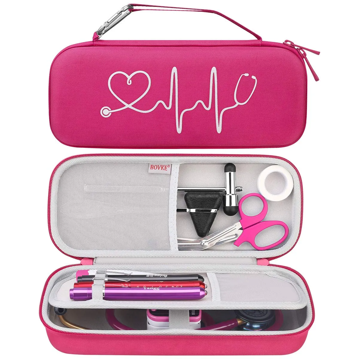 BOVKE Hard Stethoscope Case for 3M Littmann Classic III, Lightweight II S.E, Cardiology IV Diagnostic, MDF Acoustica Deluxe Stethoscopes - Extra Room for Medical Hammer and Penlights, Raspberry