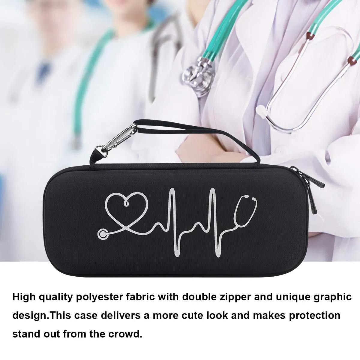 BOVKE Hard Stethoscope Case for 3M Littmann Classic III, Lightweight II S.E, Cardiology IV Diagnostic, MDF Acoustica Deluxe Stethoscopes - Extra Room for Taylor Percussion Hammer and Penlights, Black