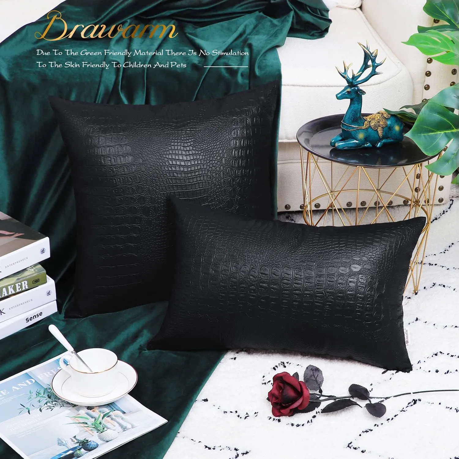 BRAWARM Faux Leather Pillow Covers 22 X 22 Inches, Black Leather Pillow Covers Pack of 2, Crocodile Leather Decorative Throw Pillows for Living Room Couch Bed Sofa Home