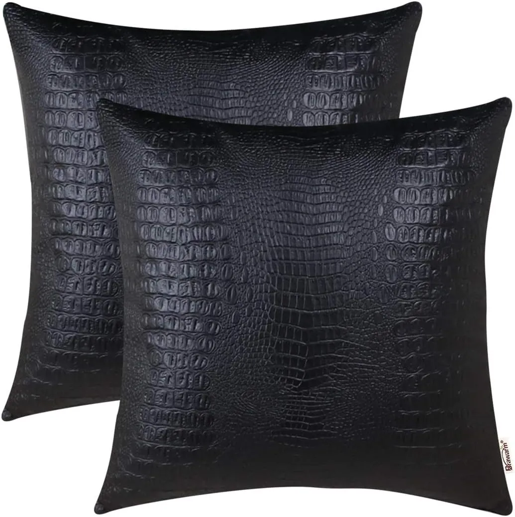 BRAWARM Faux Leather Pillow Covers 22 X 22 Inches, Black Leather Pillow Covers Pack of 2, Crocodile Leather Decorative Throw Pillows for Living Room Couch Bed Sofa Home