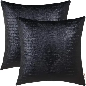 BRAWARM Faux Leather Pillow Covers 22 X 22 Inches, Black Leather Pillow Covers Pack of 2, Crocodile Leather Decorative Throw Pillows for Living Room Couch Bed Sofa Home