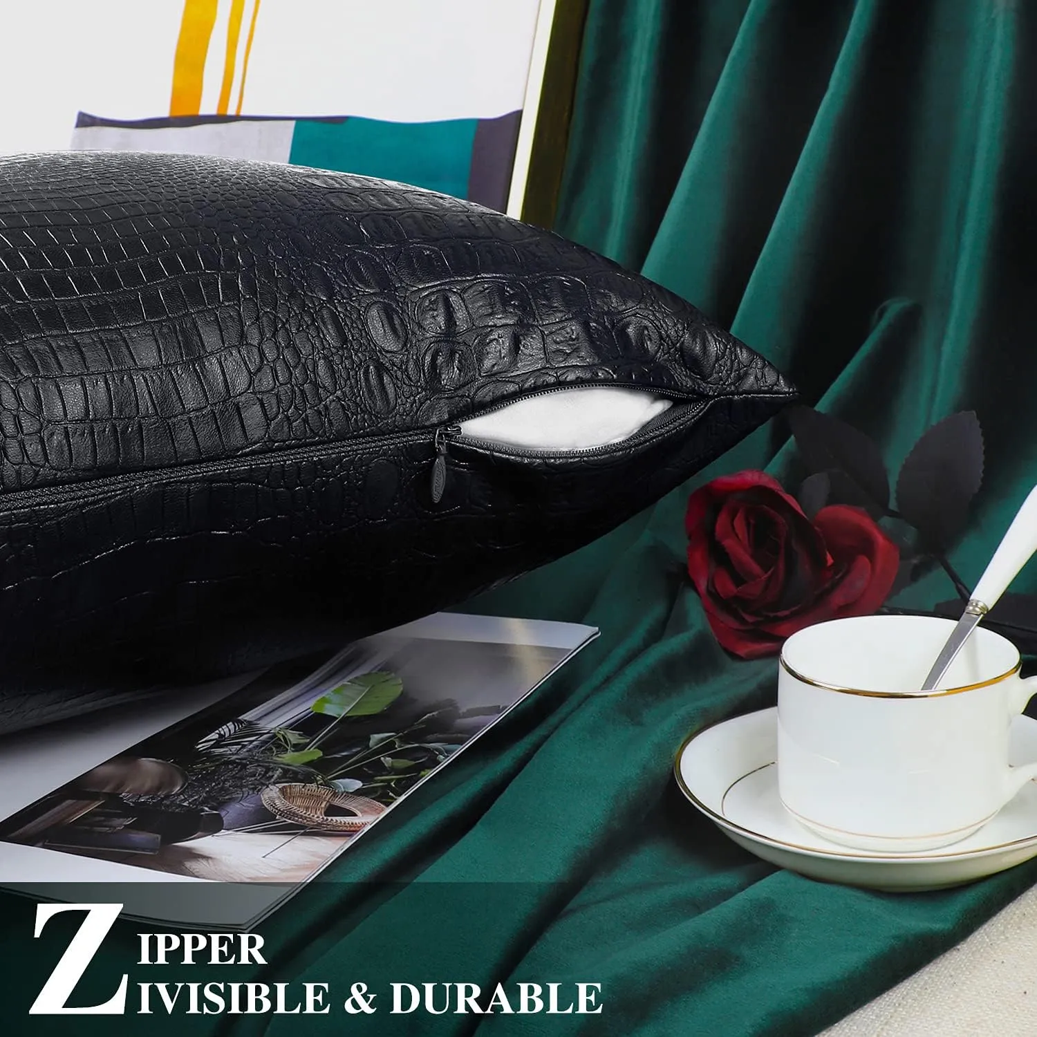 BRAWARM Faux Leather Pillow Covers 22 X 22 Inches, Black Leather Pillow Covers Pack of 2, Crocodile Leather Decorative Throw Pillows for Living Room Couch Bed Sofa Home