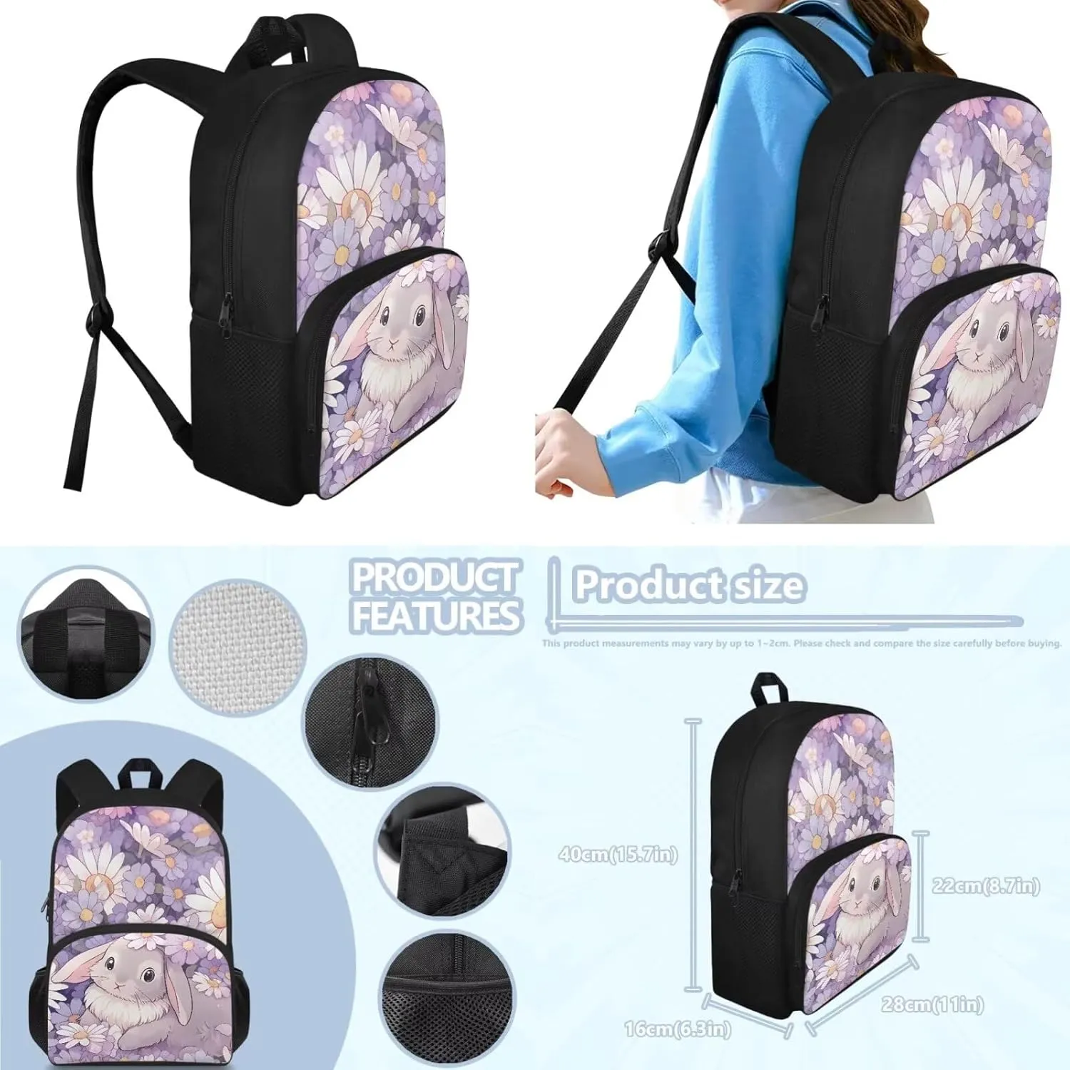 Bunny Preschool Backpack for Girls With Lunch Box School Backpack for Teens Girls Middle School Water Resistant Fits Notebooks,Pens,Pencils/Cases,Water Bottles,Homework,Tablets