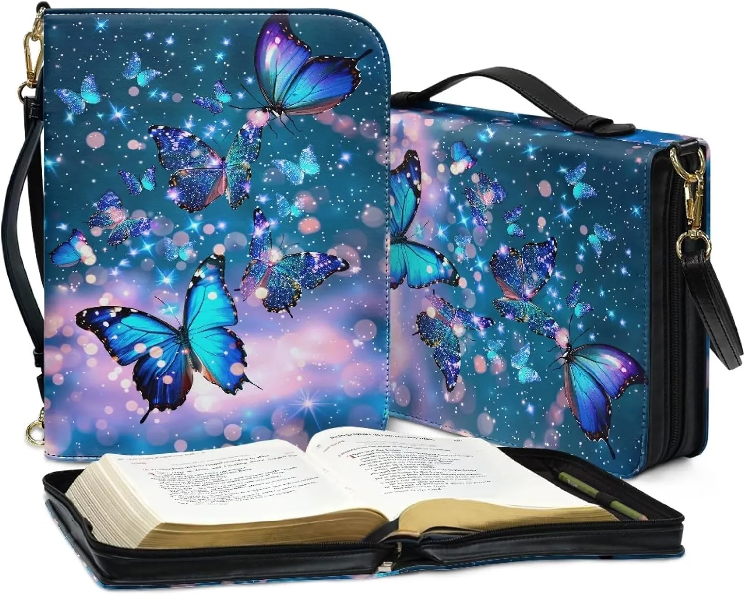 Butterfly Print Bible Cases for Womens Zippered PU Bible Bag Lightweight Bible Carrying Case with Multiple Pockets Bible Study Supplies Fits for Standard Size Bible