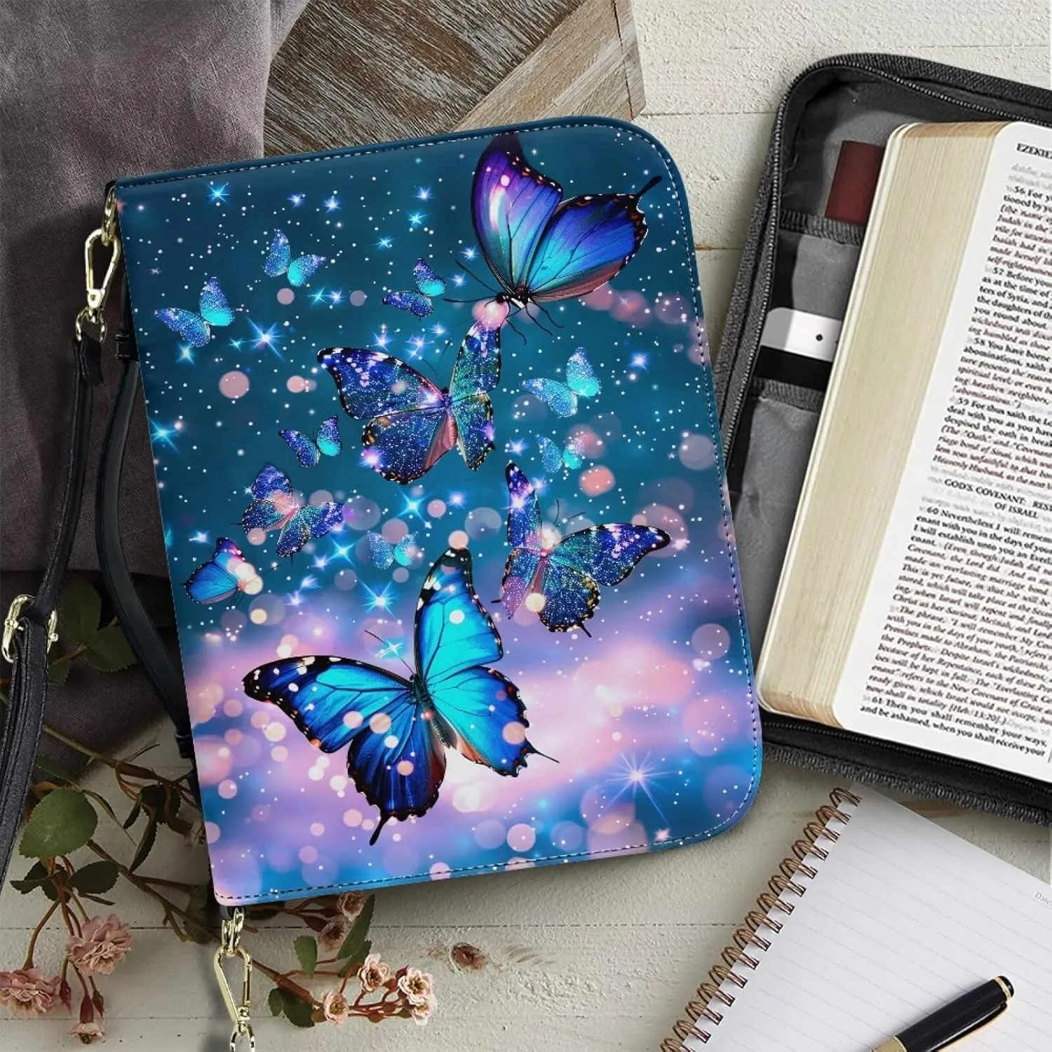 Butterfly Print Bible Cases for Womens Zippered PU Bible Bag Lightweight Bible Carrying Case with Multiple Pockets Bible Study Supplies Fits for Standard Size Bible
