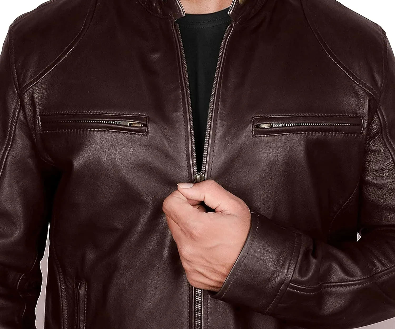 Cafe Racer Brown Leather Jacket Men - Brown Real Lambskin Leather Biker Jacket
