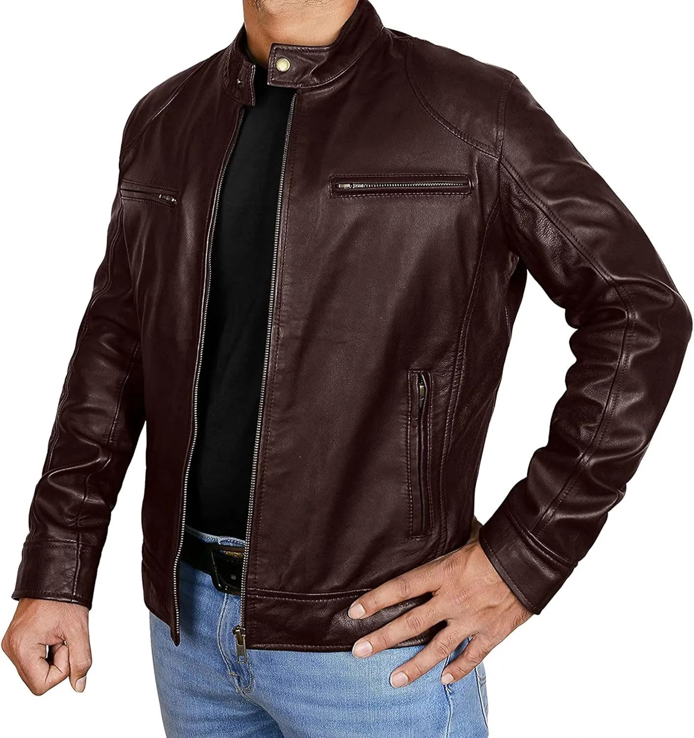Cafe Racer Brown Leather Jacket Men - Brown Real Lambskin Leather Biker Jacket