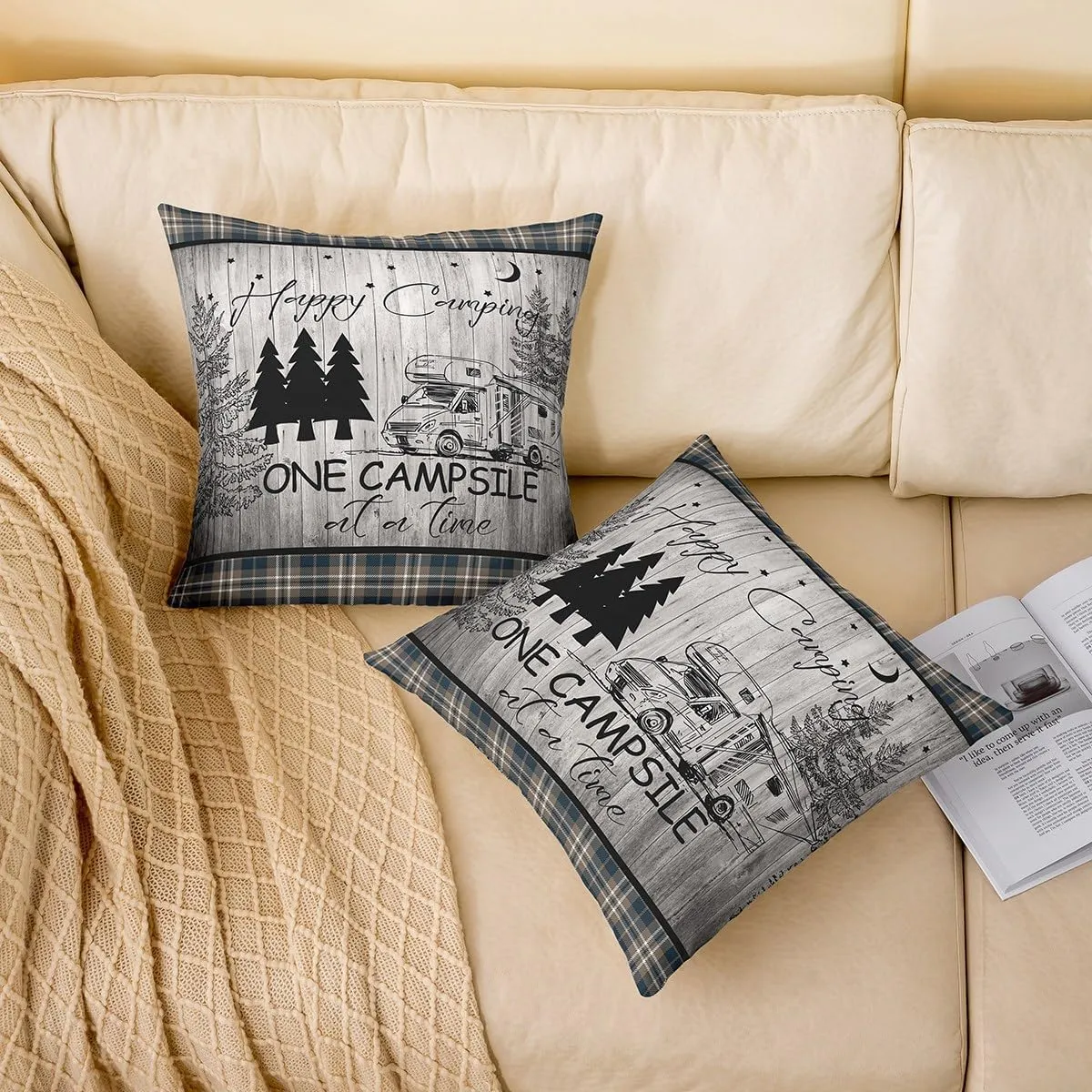 Camping Style Pillow Covers Black Pine Trees Sketch RV Trailer Cushion Covers for Kids Teens Adults Retro Stripes Plaid Rustic Farmhouse Pillow Cases for Housewarming Bed 18x18 Inch Set of 2