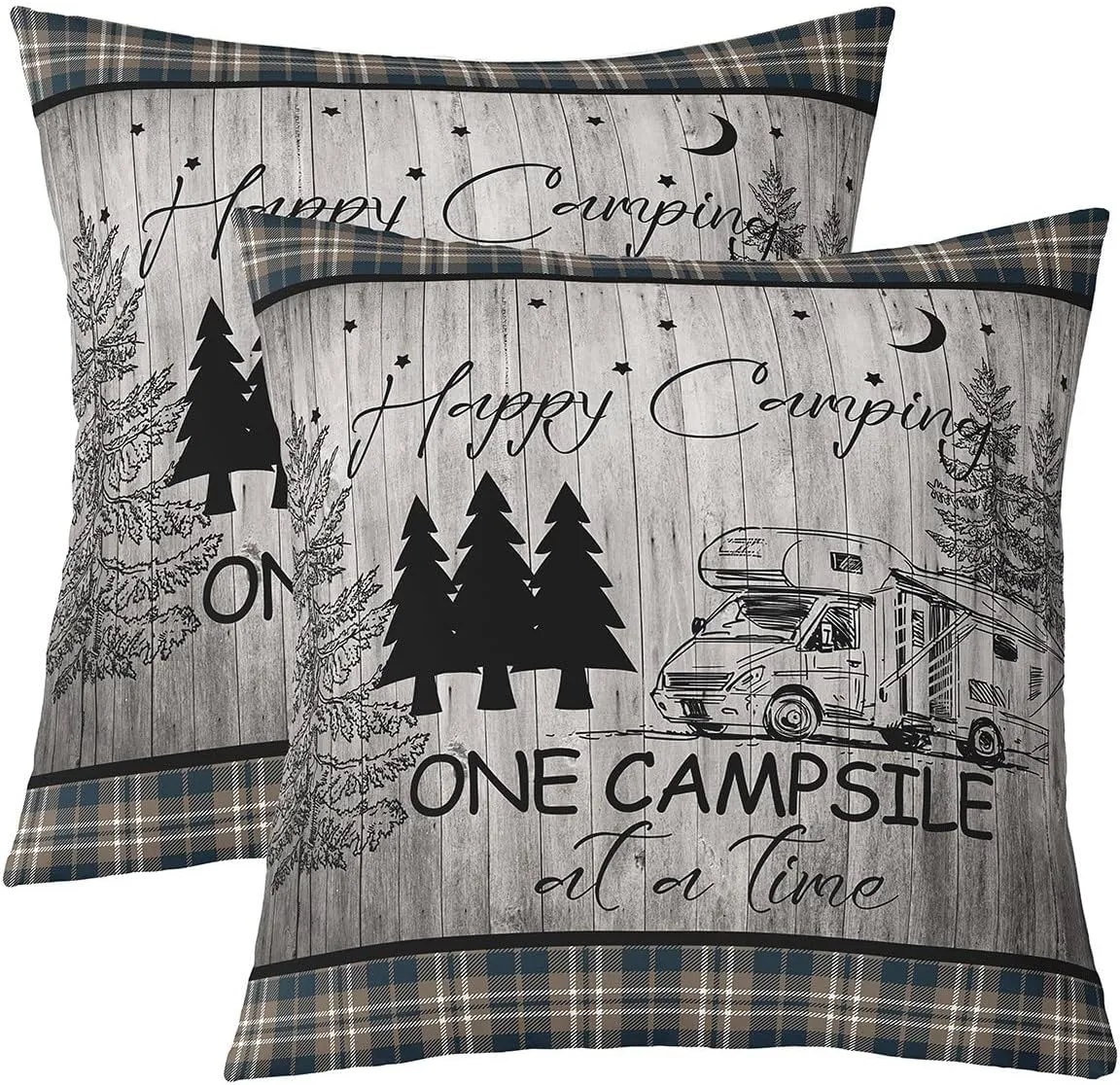 Camping Style Pillow Covers Black Pine Trees Sketch RV Trailer Cushion Covers for Kids Teens Adults Retro Stripes Plaid Rustic Farmhouse Pillow Cases for Housewarming Bed 18x18 Inch Set of 2