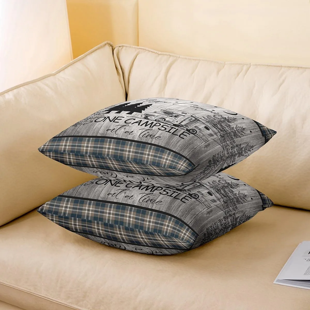 Camping Style Pillow Covers Black Pine Trees Sketch RV Trailer Cushion Covers for Kids Teens Adults Retro Stripes Plaid Rustic Farmhouse Pillow Cases for Housewarming Bed 18x18 Inch Set of 2
