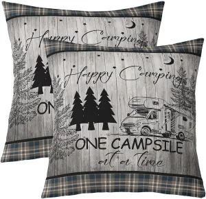 Camping Style Pillow Covers Black Pine Trees Sketch RV Trailer Cushion Covers for Kids Teens Adults Retro Stripes Plaid Rustic Farmhouse Pillow Cases for Housewarming Bed 18x18 Inch Set of 2