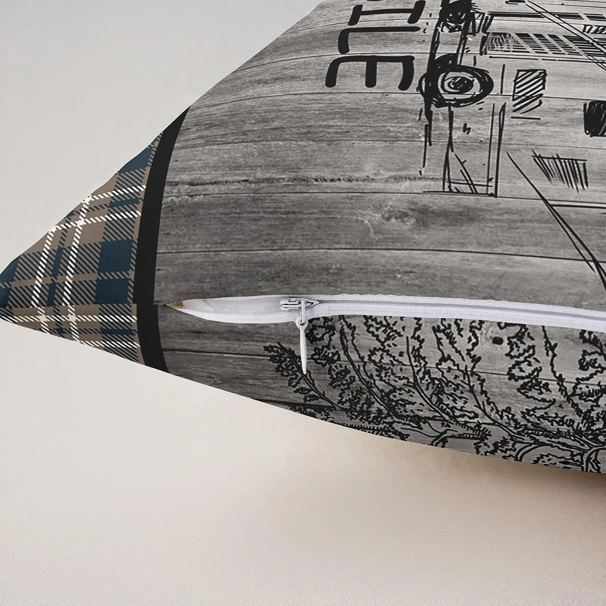 Camping Style Pillow Covers Black Pine Trees Sketch RV Trailer Cushion Covers for Kids Teens Adults Retro Stripes Plaid Rustic Farmhouse Pillow Cases for Housewarming Bed 18x18 Inch Set of 2