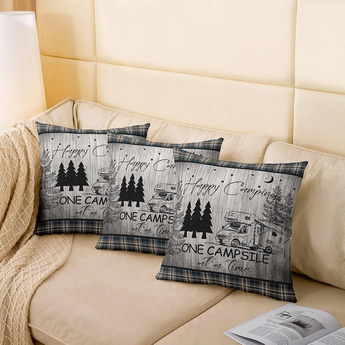 Camping Style Pillow Covers Black Pine Trees Sketch RV Trailer Cushion Covers for Kids Teens Adults Retro Stripes Plaid Rustic Farmhouse Pillow Cases for Housewarming Bed 18x18 Inch Set of 2