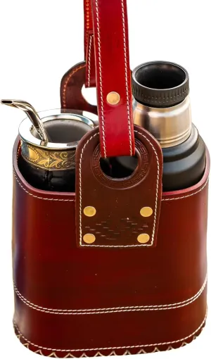 Canasto Matero de Cuero Chico - Small Handmade Leather Mate Bag - Carry Bag for Mate Gourd Set and Thermos - CUSHE Mates (Cranberry)