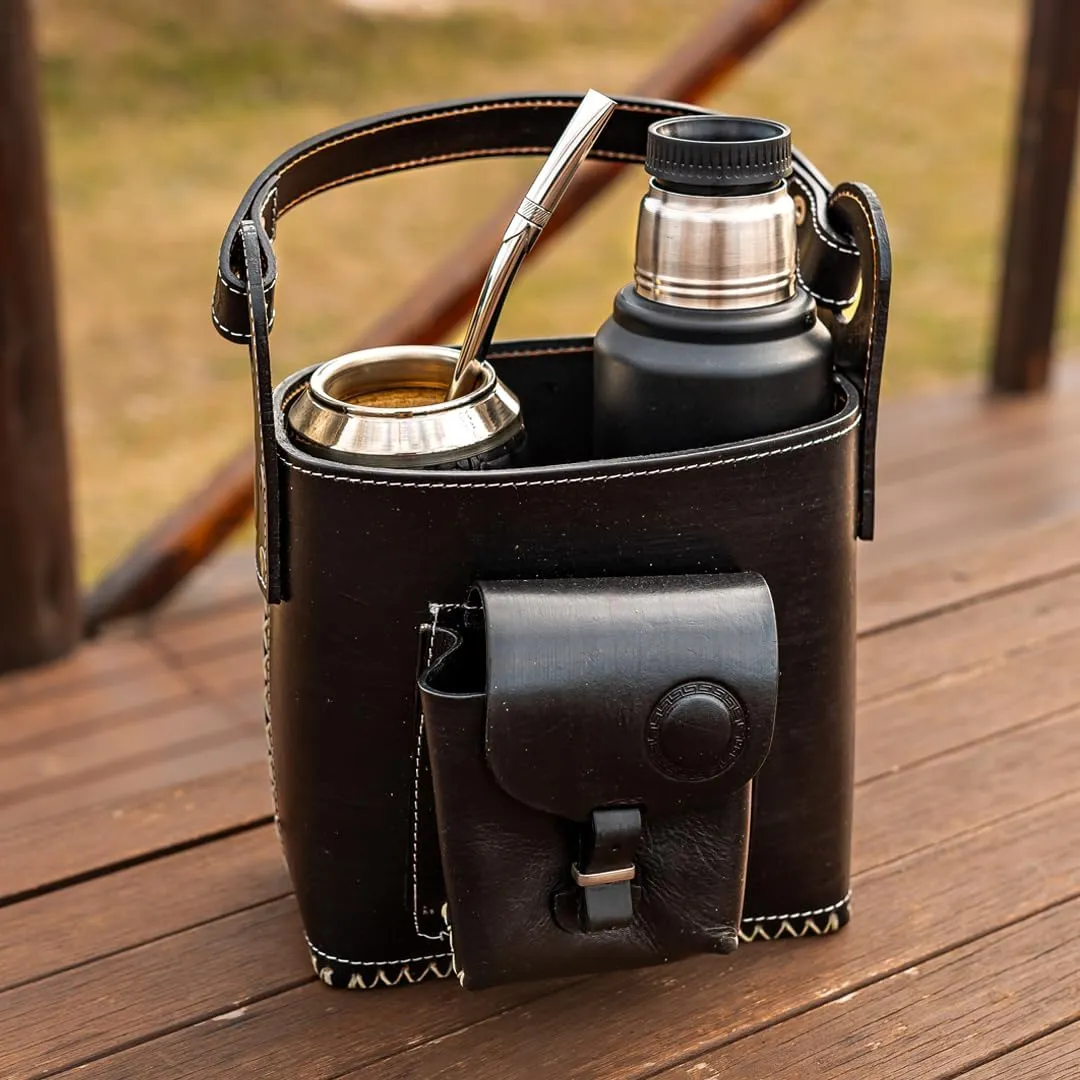 Canasto Matero de Cuero - Handmade Leather Mate Bag with pocket - Carry Bag for Mate Gourd Set and Thermos - CUSHE Mates (Negro)