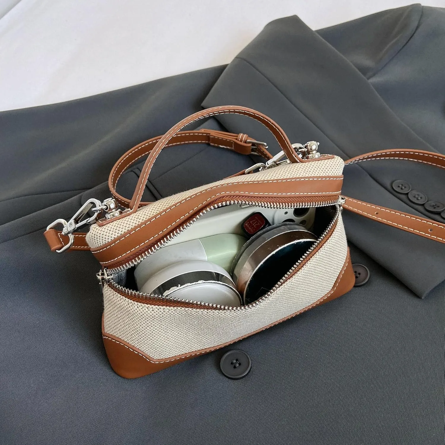 Canvas Crossbody Bag for Women Small Top-Handle Pouch Purse Designer Shoulder Handbag Quiet Luxury Leather Trendy Purse Brown