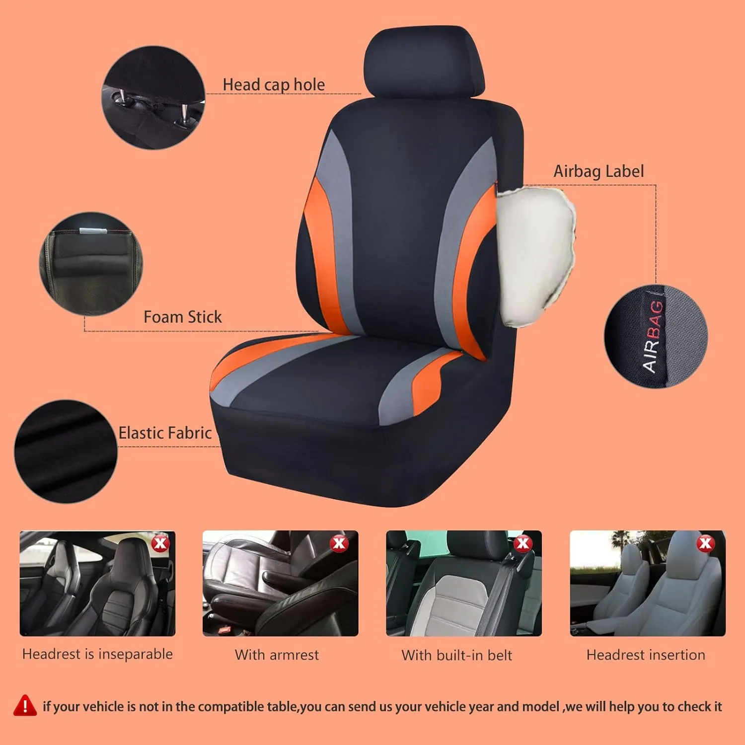 CAR PASS Line Rider Sporty Cloth 11PCS Universal Fit Car Seat Cover -100% Breathable with 5mm Composite Sponge Inside,Airbag Compatible,3zipper Bench(Full Set, Black and Orange)
