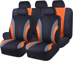 CAR PASS Line Rider Sporty Cloth 11PCS Universal Fit Car Seat Cover -100% Breathable with 5mm Composite Sponge Inside,Airbag Compatible,3zipper Bench(Full Set, Black and Orange)