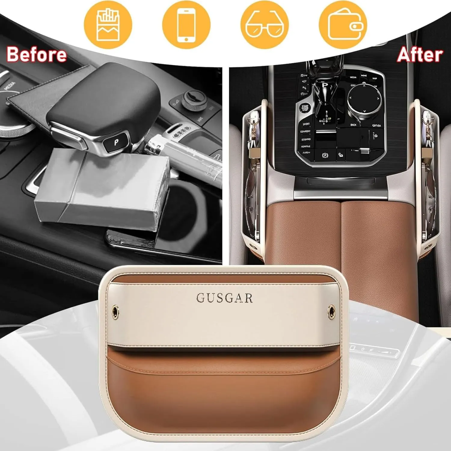 Car Seat Gap Filler, Fine Leather Universal Seat Gap Manager,Multifunctional Front Seats Car Adjustable Gap Filler, for Phones, Glasses, Keys, Cards (Coffee, 1 Pack)