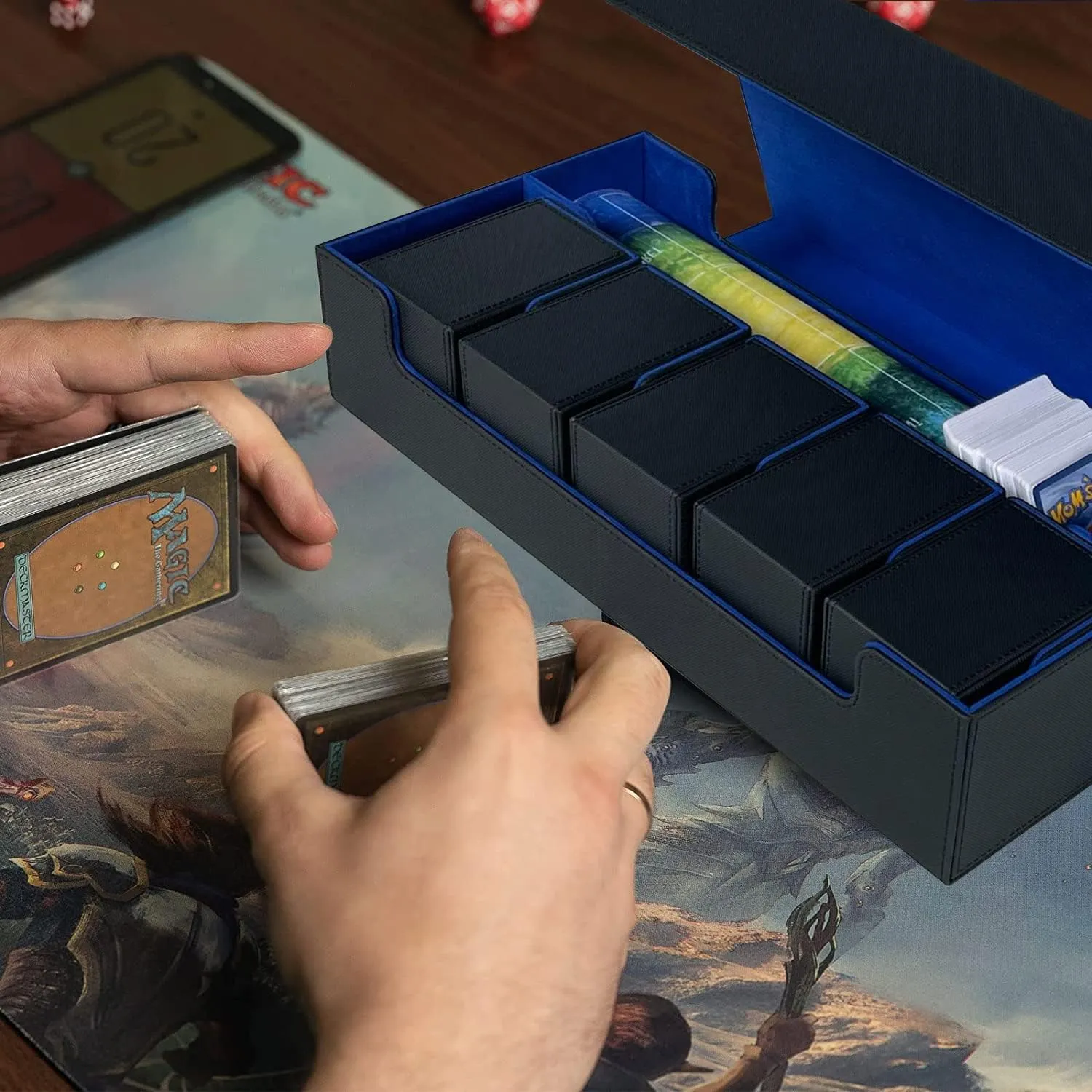 Card Deck Box,X-Large Premium Trading Card Storage Case with Mat and Dice Compartment,Magnetic Game Deck Display Case Compatible with MTG/TCG/Yugioh/Magic/Commander(Black＆Blue)