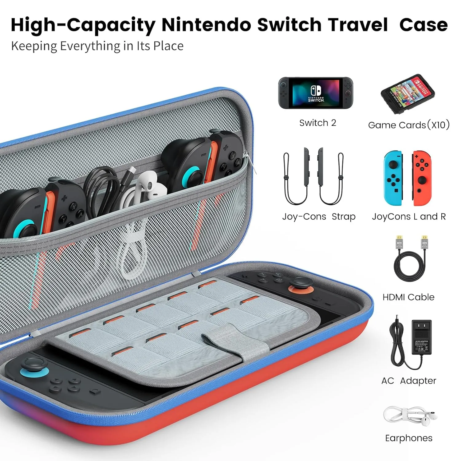 Carrying Case for Nintendo Switch 2 2025 & Switch OLED 2021,Portable Protective Travel Case Hard Shell Pouch Storage Bag with 10 Game Card Slots & Inner Pocket for Game Accessories,Red-Blue