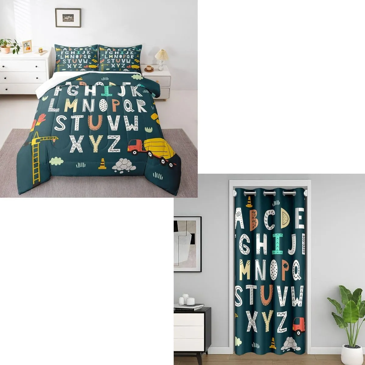 Cartoon Alphabet Comforter Set Full Size and Door Curtain 42" W X 80" L Cute Letters Bedding Set for Kids Bedroom Decor