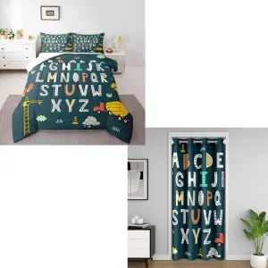 Cartoon Alphabet Comforter Set Full Size and Door Curtain 42" W X 80" L Cute Letters Bedding Set for Kids Bedroom Decor