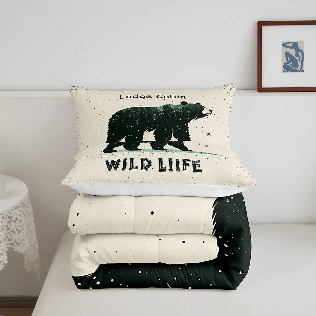 Cartoon Bear Bedding Set Twin Size 2 Pcs,Cute Black Green Graffiti Wild Animal Comforter Set for Kids Boys Girls Teens,Lodge Cabin Jungle Farmhouse Style Comforter Duvet Set with 1 Pillowcase