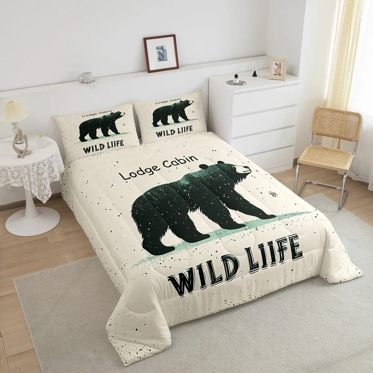 Cartoon Bear Bedding Set Twin Size 2 Pcs,Cute Black Green Graffiti Wild Animal Comforter Set for Kids Boys Girls Teens,Lodge Cabin Jungle Farmhouse Style Comforter Duvet Set with 1 Pillowcase