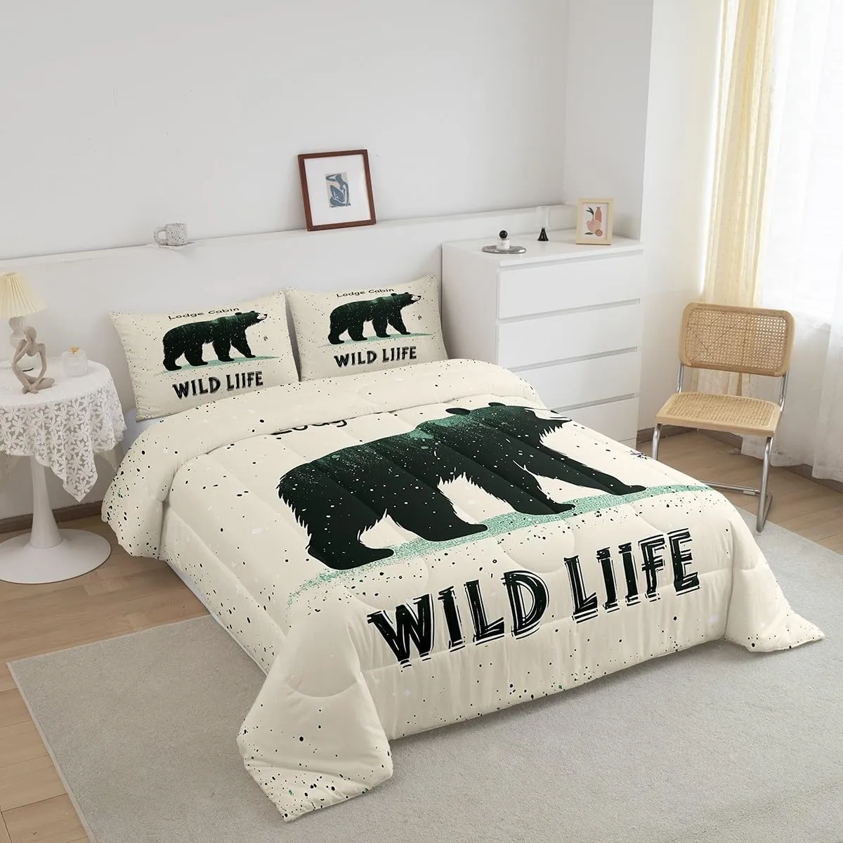 Cartoon Bear Bedding Set Twin Size 2 Pcs,Cute Black Green Graffiti Wild Animal Comforter Set for Kids Boys Girls Teens,Lodge Cabin Jungle Farmhouse Style Comforter Duvet Set with 1 Pillowcase