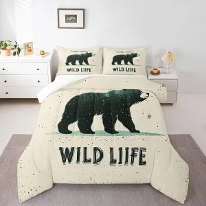 Cartoon Bear Bedding Set Twin Size 2 Pcs,Cute Black Green Graffiti Wild Animal Comforter Set for Kids Boys Girls Teens,Lodge Cabin Jungle Farmhouse Style Comforter Duvet Set with 1 Pillowcase