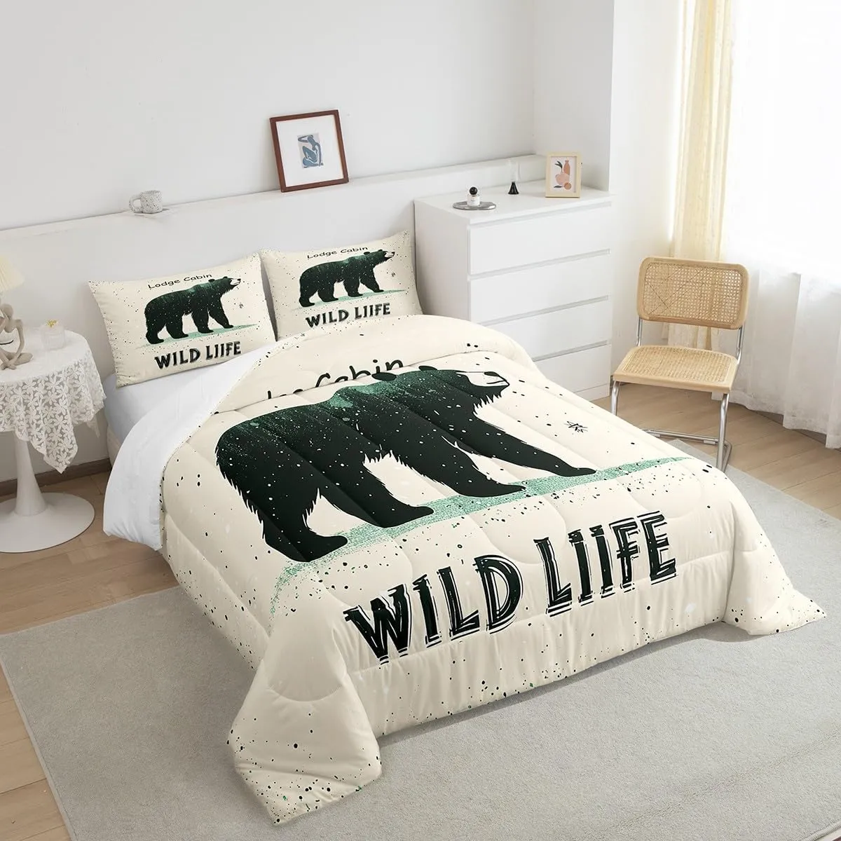 Cartoon Bear Bedding Set Twin Size 2 Pcs,Cute Black Green Graffiti Wild Animal Comforter Set for Kids Boys Girls Teens,Lodge Cabin Jungle Farmhouse Style Comforter Duvet Set with 1 Pillowcase