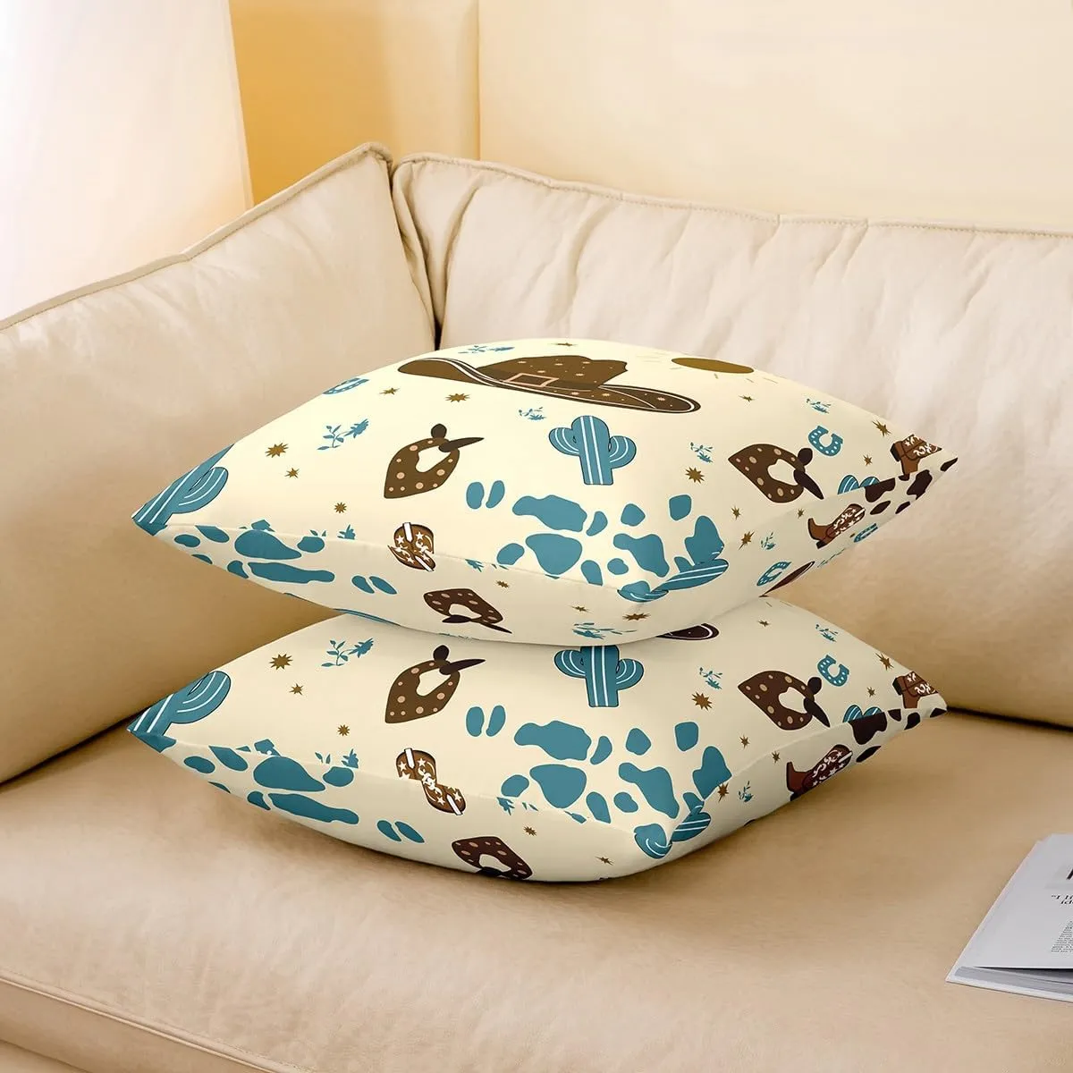 Cartoon Cowboy Hat Pillow Covers Cute Blue Cactus Wild Plants Cushion Covers for Kids Teens Adults Retro Horseshoe Cowhide Print Graffiti Western Style Pillow Cases for Bed 22x22 Inch Set of 2