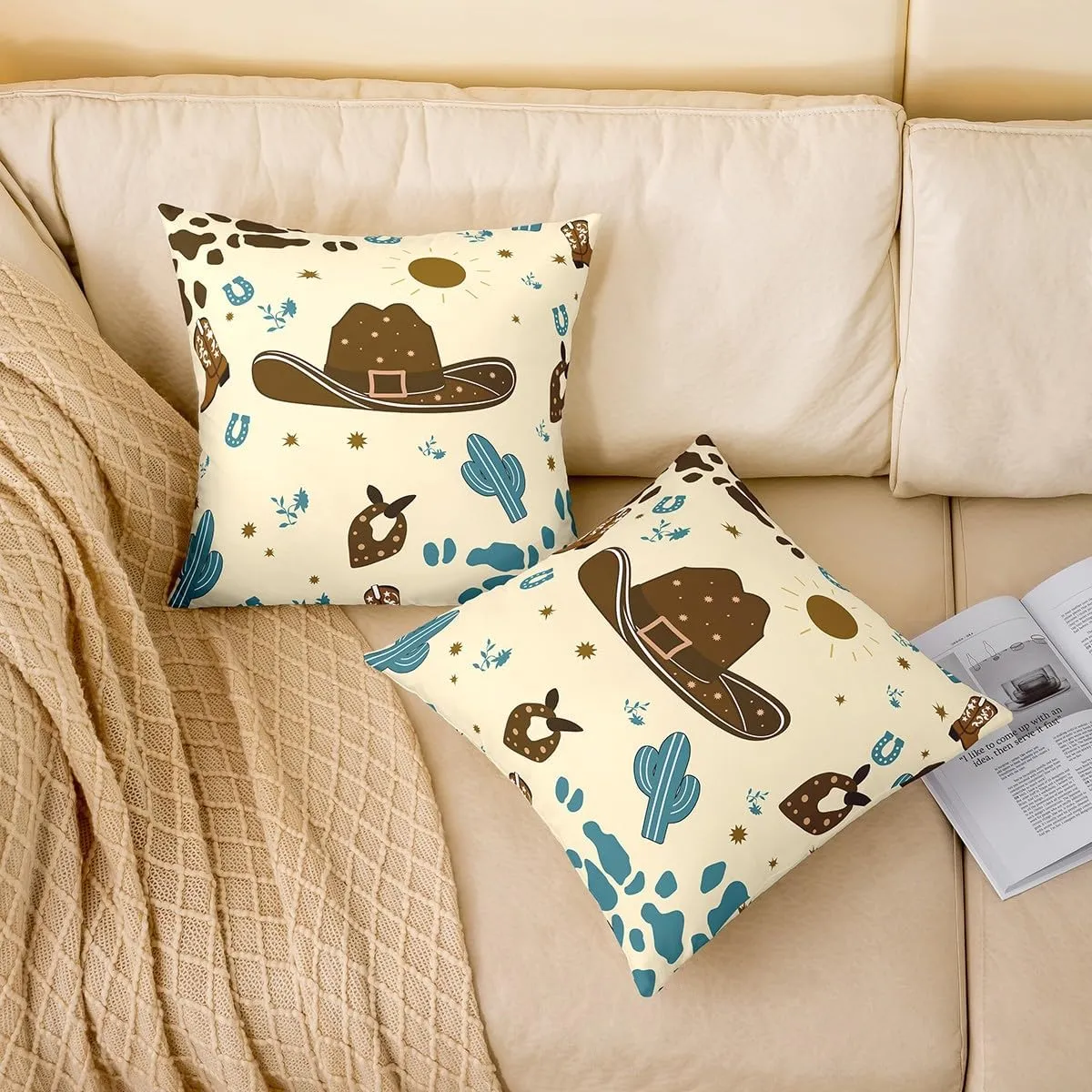 Cartoon Cowboy Hat Pillow Covers Cute Blue Cactus Wild Plants Cushion Covers for Kids Teens Adults Retro Horseshoe Cowhide Print Graffiti Western Style Pillow Cases for Bed 22x22 Inch Set of 2