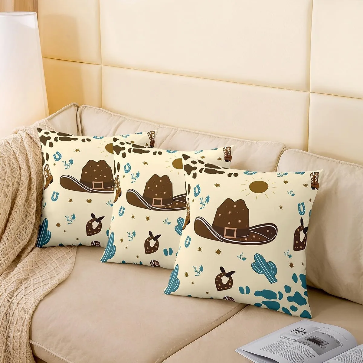Cartoon Cowboy Hat Pillow Covers Cute Blue Cactus Wild Plants Cushion Covers for Kids Teens Adults Retro Horseshoe Cowhide Print Graffiti Western Style Pillow Cases for Bed 22x22 Inch Set of 2
