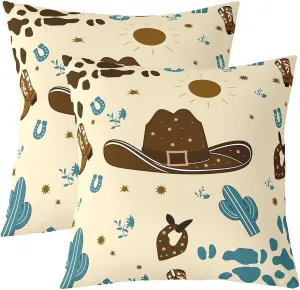 Cartoon Cowboy Hat Pillow Covers Cute Blue Cactus Wild Plants Cushion Covers for Kids Teens Adults Retro Horseshoe Cowhide Print Graffiti Western Style Pillow Cases for Bed 22x22 Inch Set of 2